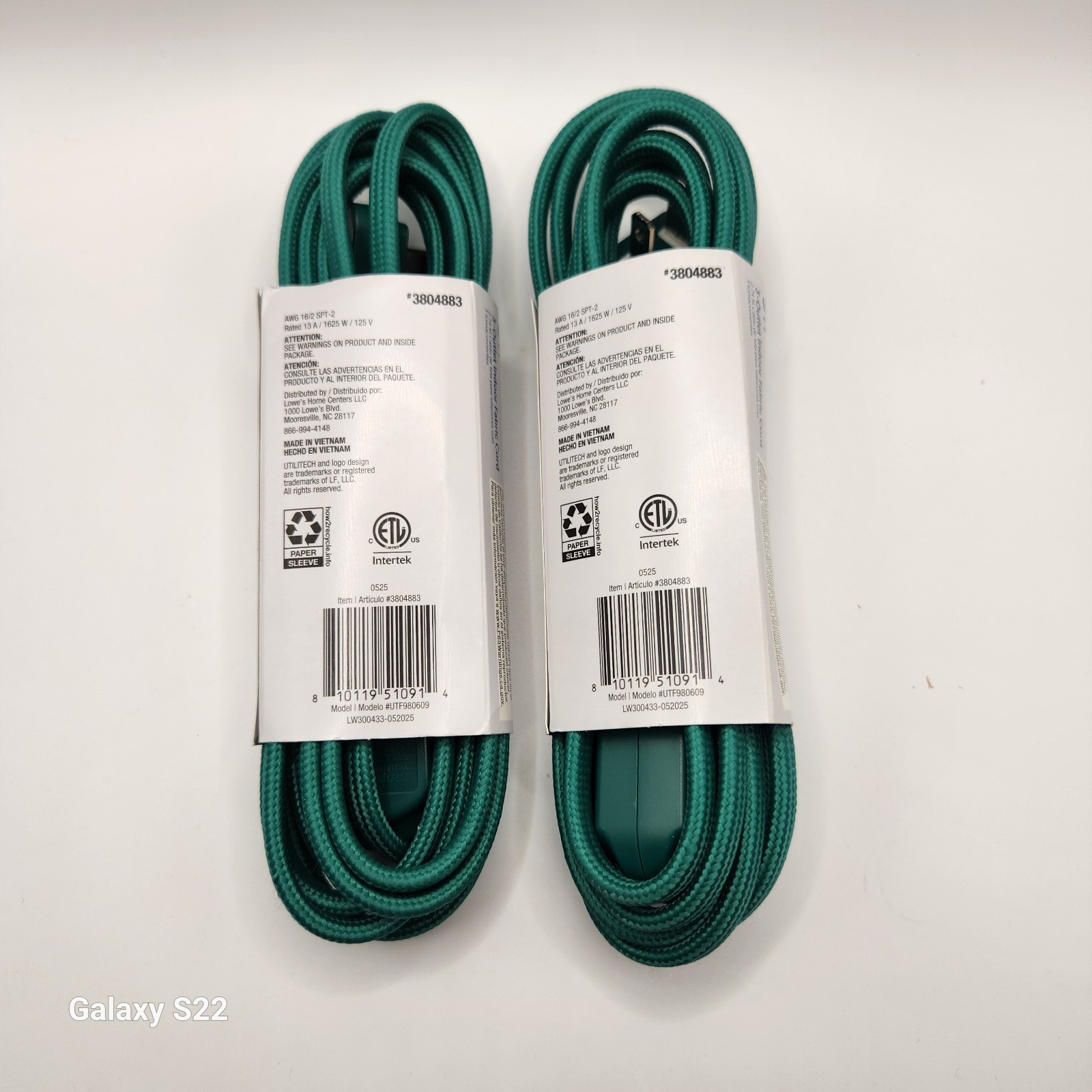 2 Utilitech 9-FT, Extension Cord 3-Outlet Green Fabric Right Angle plug gallery