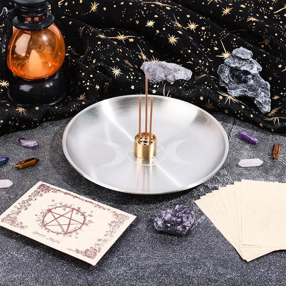Round Offering Bowl Devotion Ritual Plate with 12Pcs Vellum and 1Pc Incense gallery
