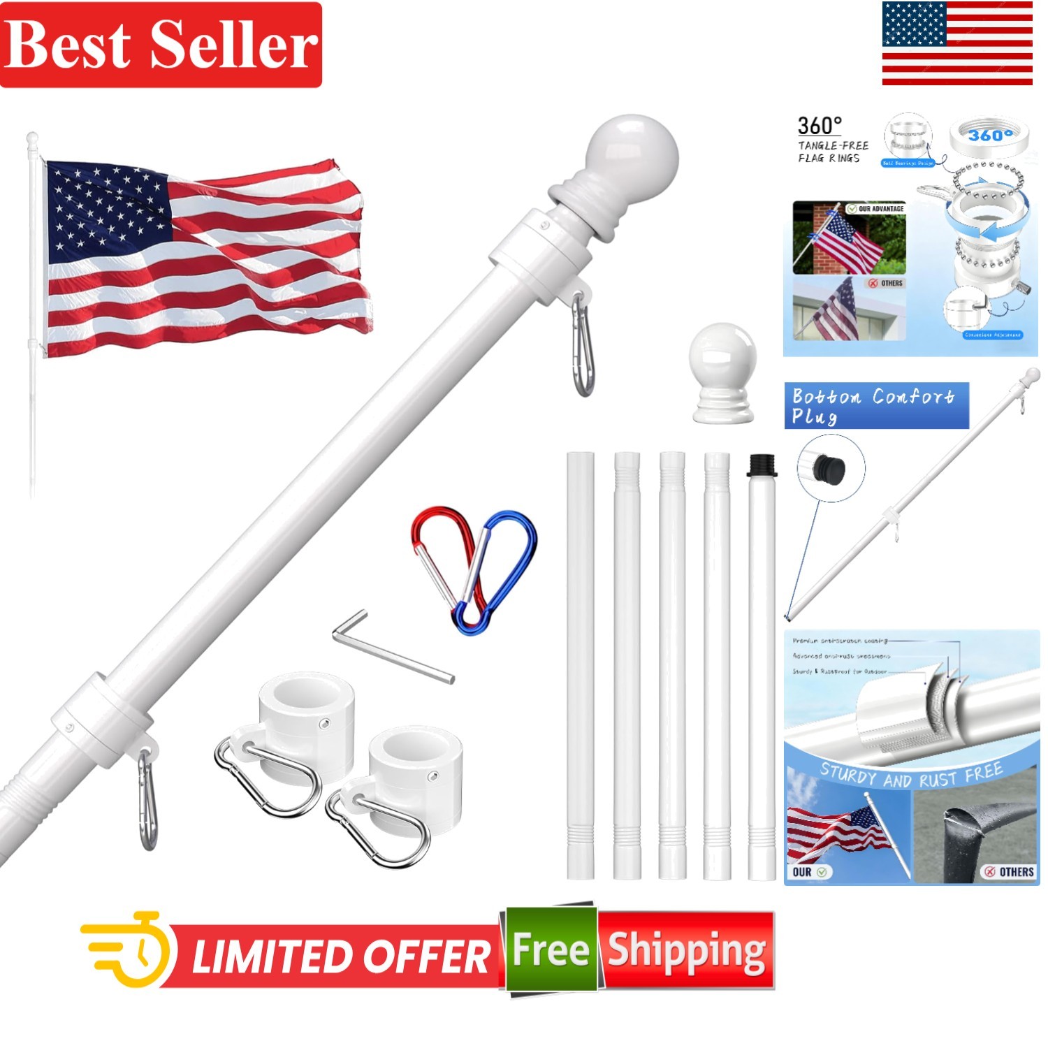 Multi-Accessory Tangle-Free Flag Pole – 6 FT Stainless Steel for Boats & Porches gallery