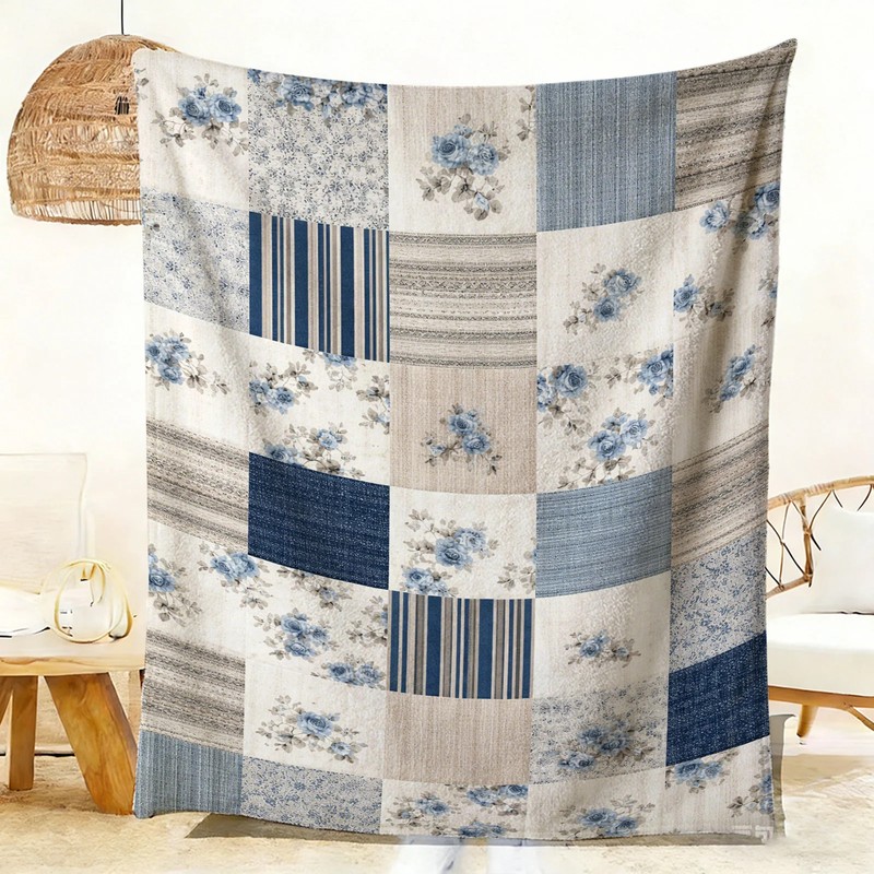 Blue Floral Patchwork Flannel Blanket Soft Cozy Tapestry Napping Travel Use gallery