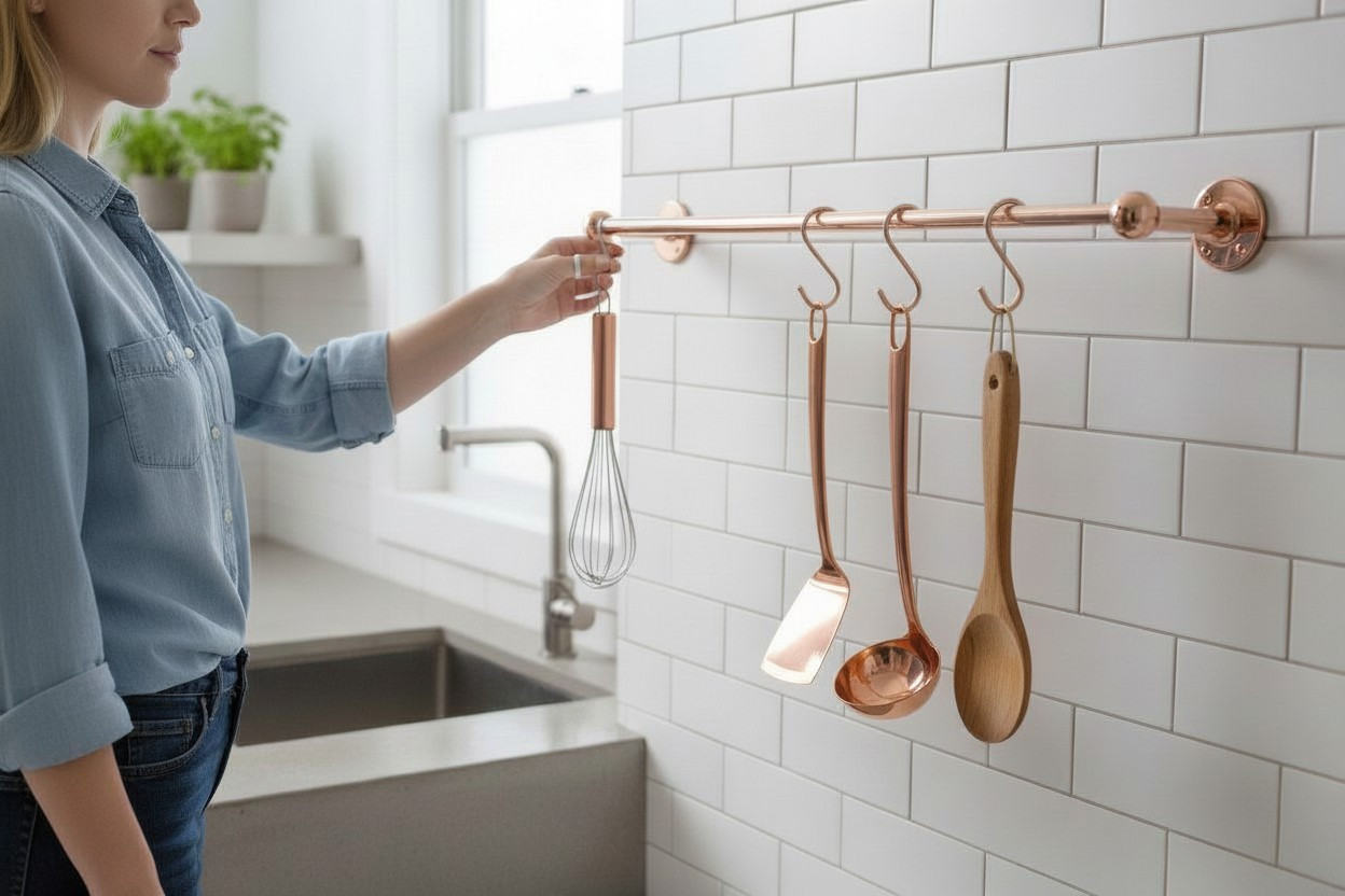 24 Inch Unlacquered Copper Utensil Pot Rail with S-Hooks Wall Mounted Kitchen gallery