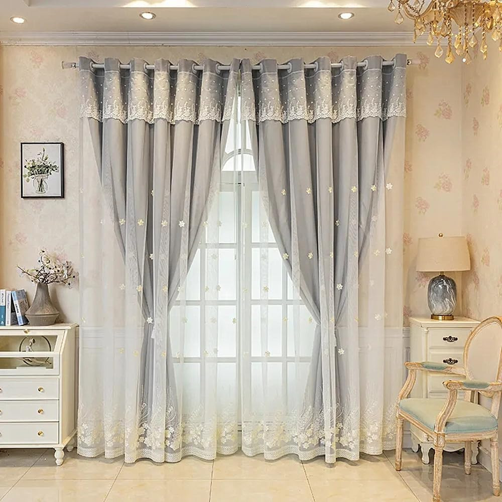 Luxury Floral Embroidered Double Layer Curtains for Girls Room - Grey 54x90 Inch gallery