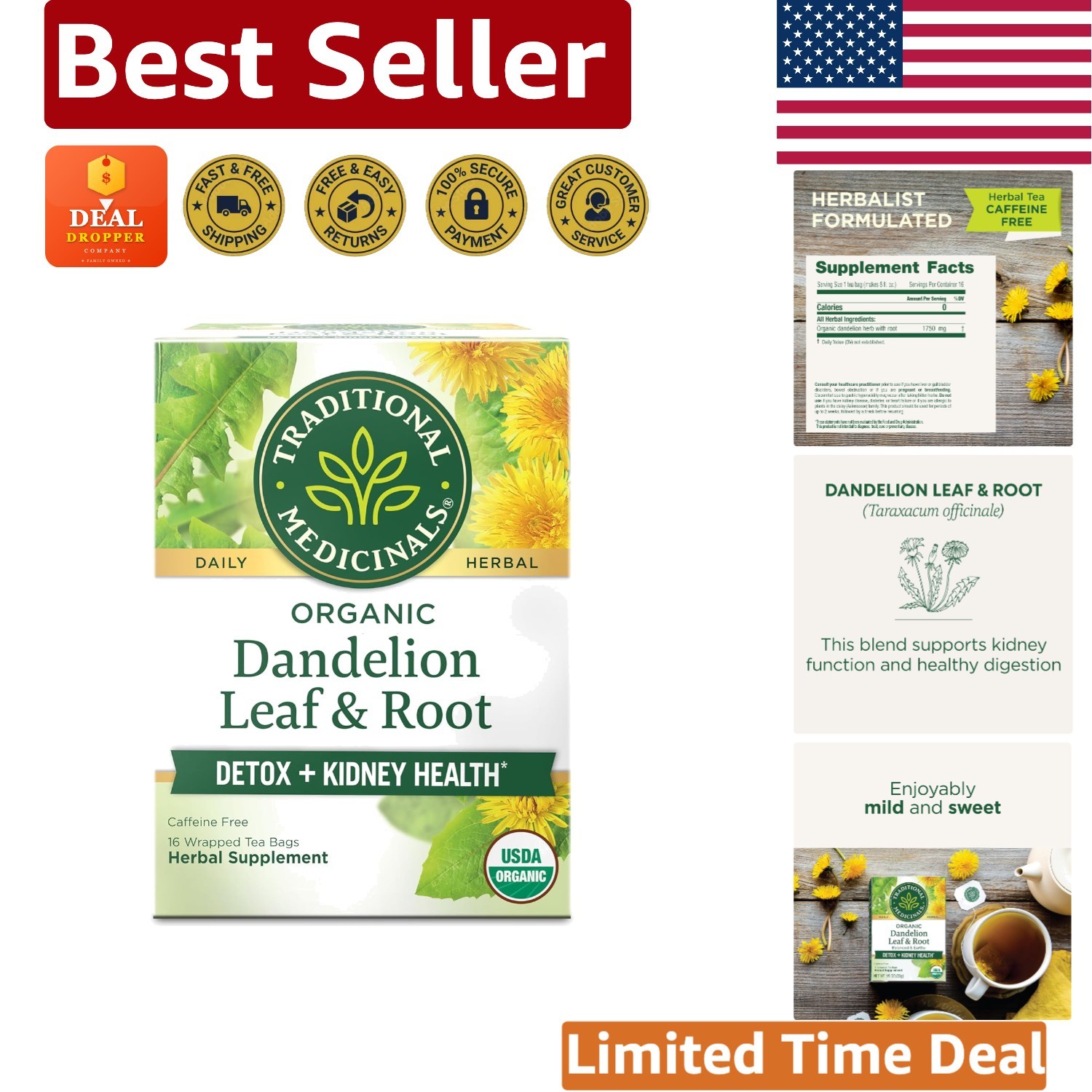 Organic Dandelion Leaf & Root Tea - Detox and Digestive Support - 16 Bags gallery