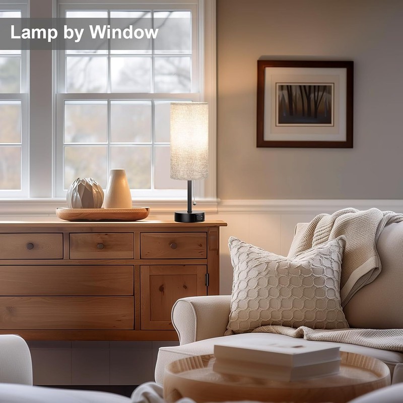 Gray Bedside Lamp for Nightstand - Small Table Lamp with USB A + C Charging Port gallery