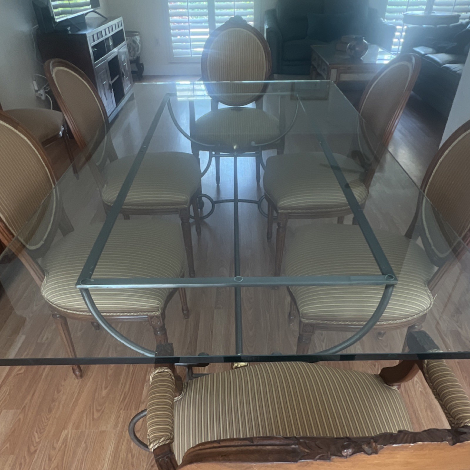 Glass Top Rectangular Dining Table Set, 8 Striped Fabric Upholstered Chairs gallery