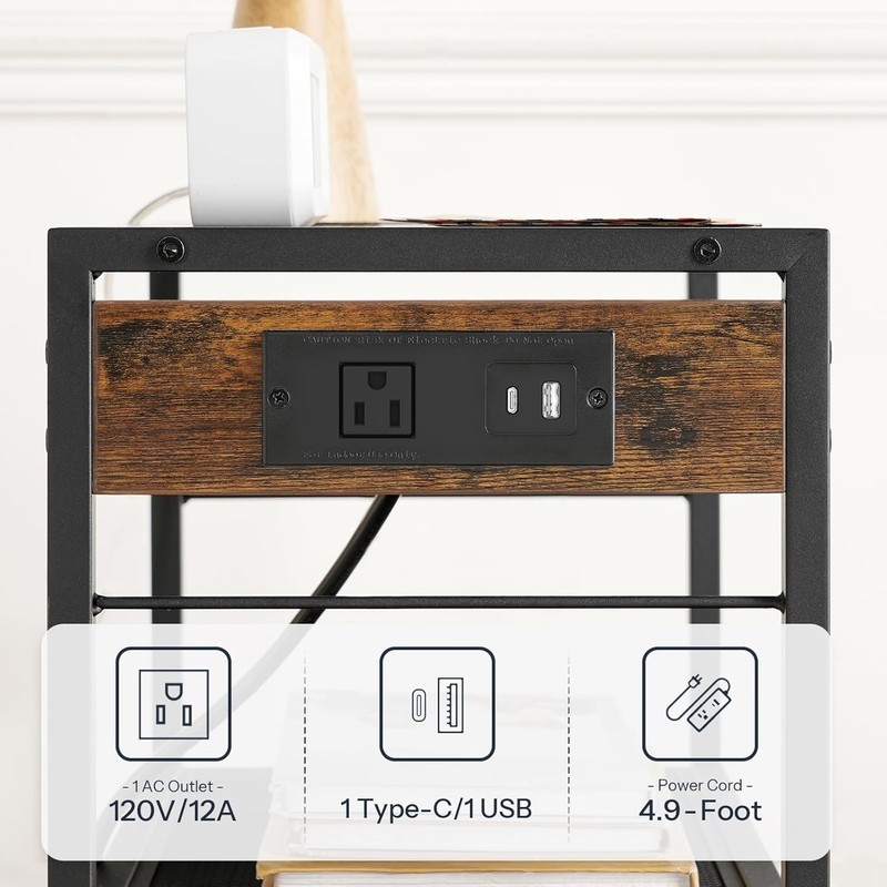 3-Tier Rustic Mobile Printer Stand with Charging Station - Space-Saving Design gallery