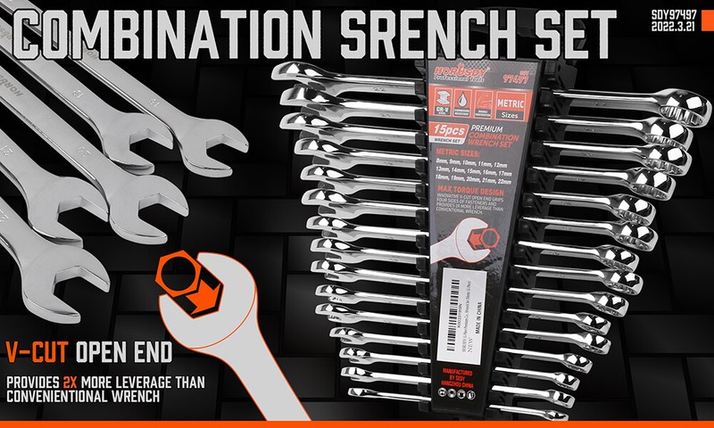 15PC Combination Spanner Wrench Ring Open Ended 8-22mm Metric 12 Point "V" Notch gallery