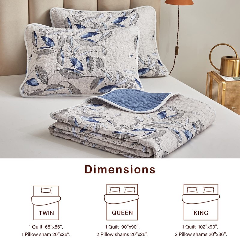 King Microfiber Quilt Set, Reversible Botanical Blue Leaves, 3-Piece Bedspread gallery