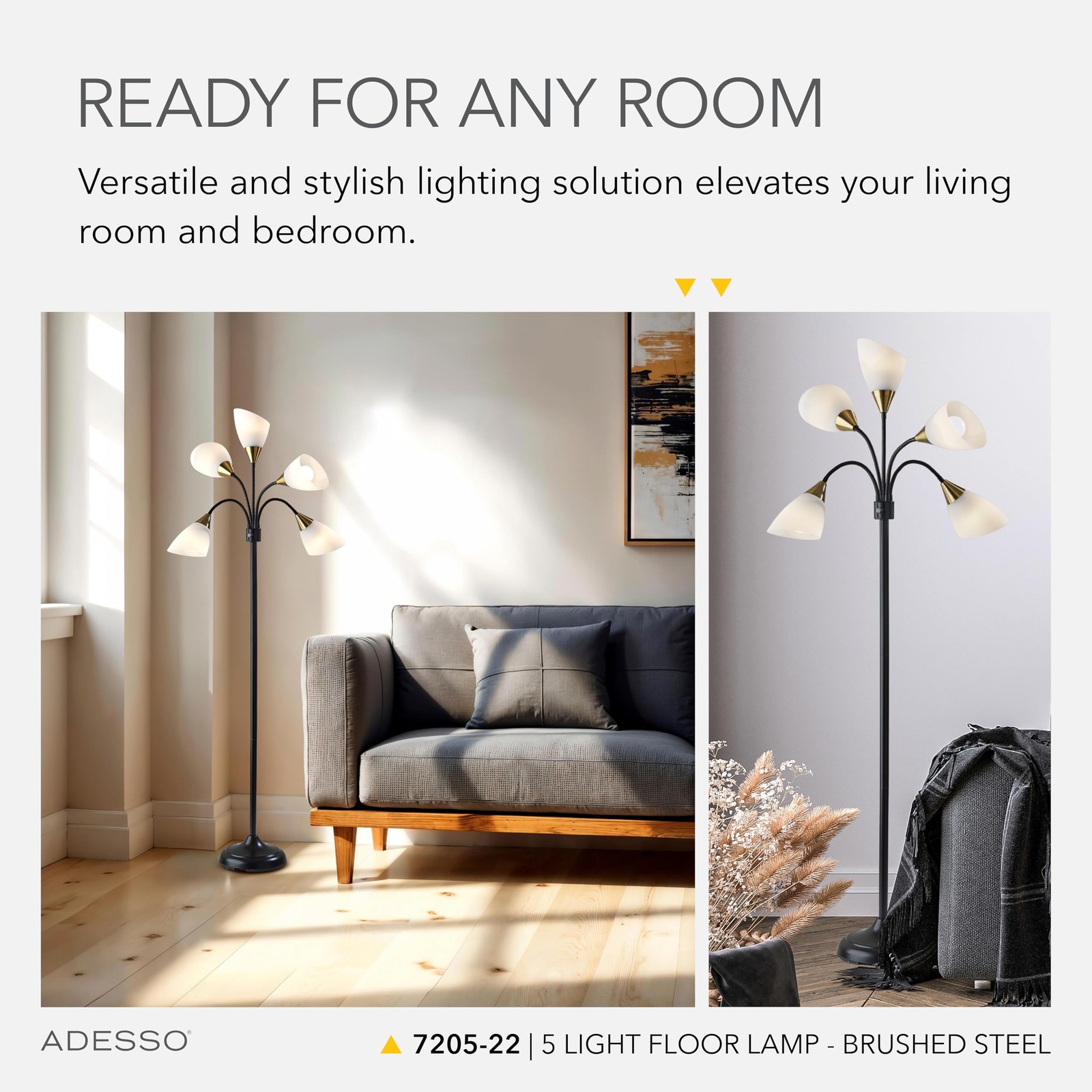 Floor Lamp 5 Movable Shades Adjustable Brightness Brushed Steel Adesso Finish gallery