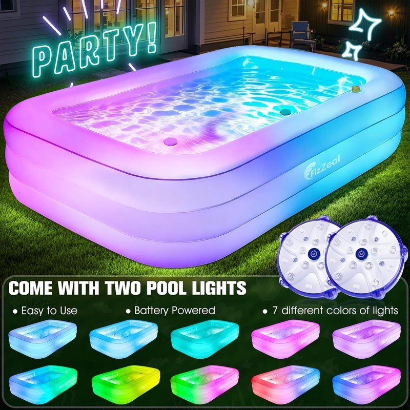 Inflatable Pool with Lights, 110x63x20in Adults Large, Cyan, Durable PVC gallery