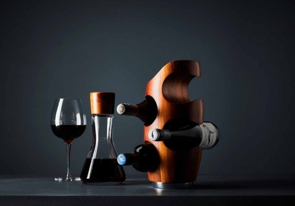 Nambé Vie Bottle Rack, 6” x 13” Acacia Wood & Alloy 4 Bottle Display Stand gallery