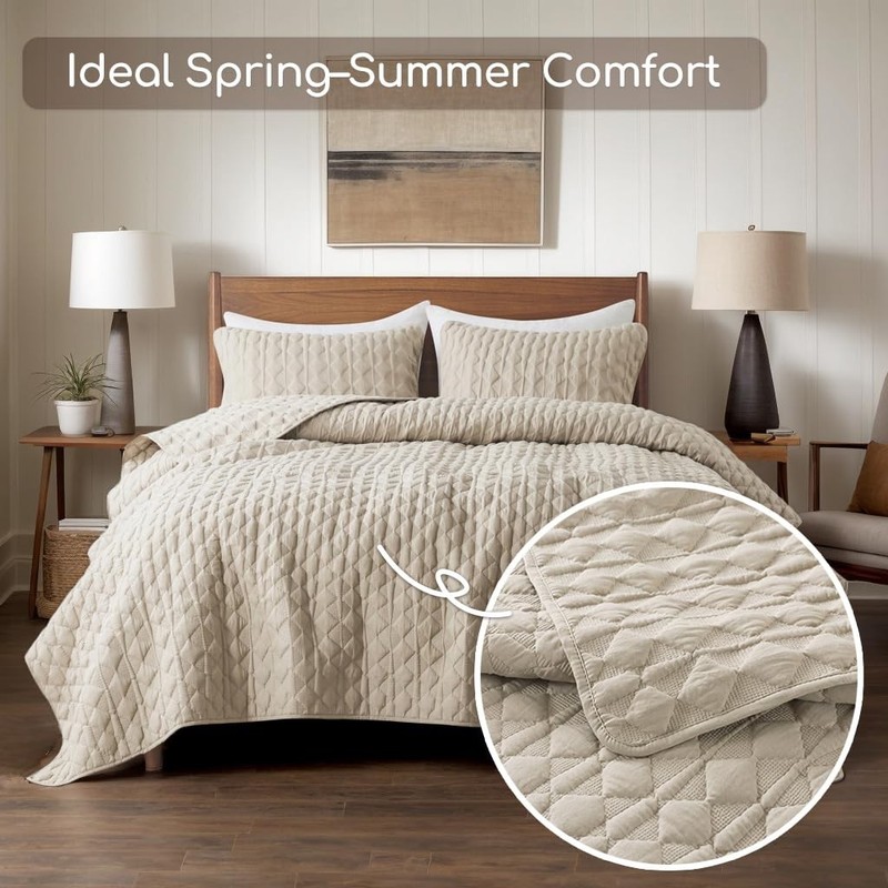 Beige Quilt Queen Size Bedding Sets with Pillow Shams, Lightweight Soft Bedsp... gallery