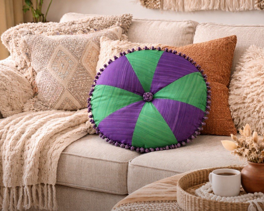 Silk Beaded Throw Pillow Round Rectangular Green Handmade Boho Colorful 18” gallery