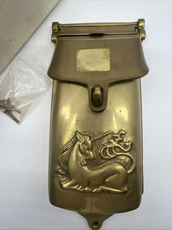 VTG Antique Solid Brass Mail Box Wall Mount Embossed RARE Unicorn Design 11x5 gallery
