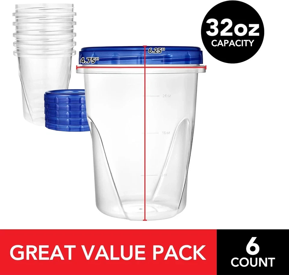 32Oz Plastic Containers with Twist Top Lids (6 Pack), Quart Freezer Containers w gallery