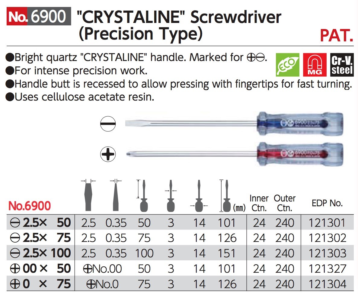 VESSEL CRYSTALINE Screwdriver Precision Type -2.5,+0,00 50-100mm No.6900 gallery