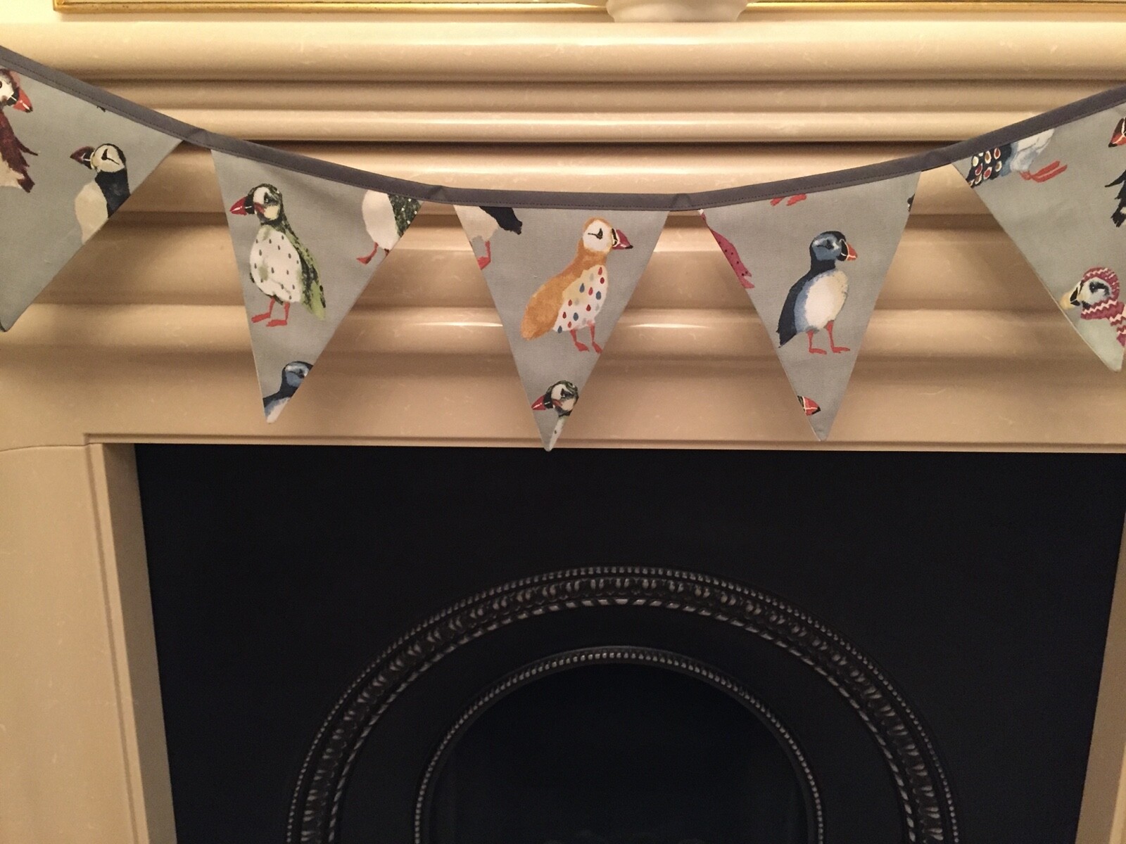 PUFFINS MULTI COLOURED DRIFTWOOD GREY FABRIC BUNTING 12CM X15CM ROW OF 6 FLAGS gallery