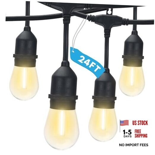 24FT LED Outdoor String Lights, Commercial Grade Waterproof, 12 Edison S14