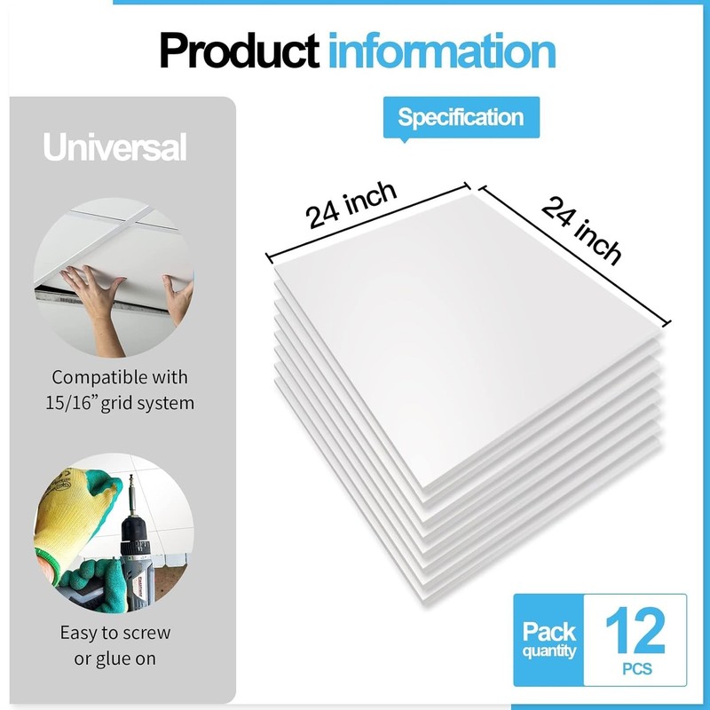 Durable 2ft x 2ft Ceiling Tiles - 12-Pack White Panels for Easy Installation gallery