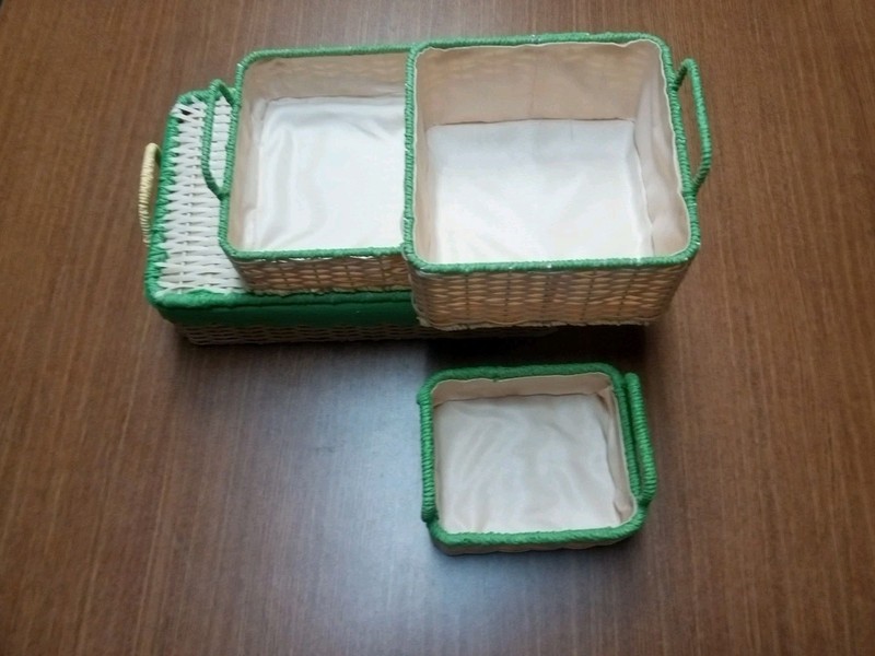 3-Piece Rectangular Scalloped Hyacinth Wicker Storage Basket Set, Green Trim gallery