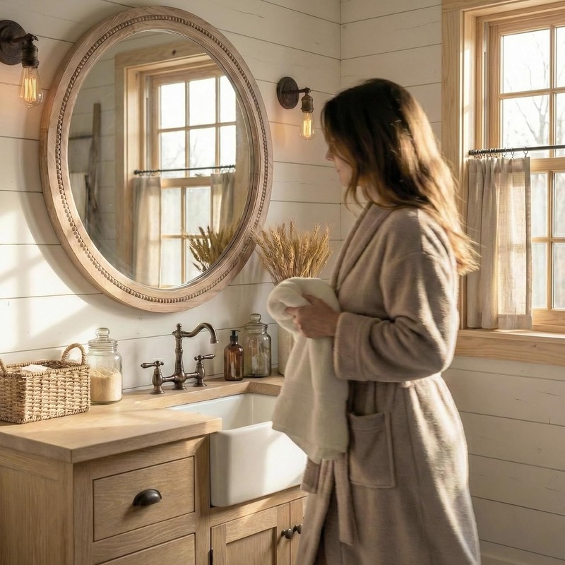 30" Round Solid Wood Mirror, Handcrafted Beaded Circle for Bathroom Vanity gallery