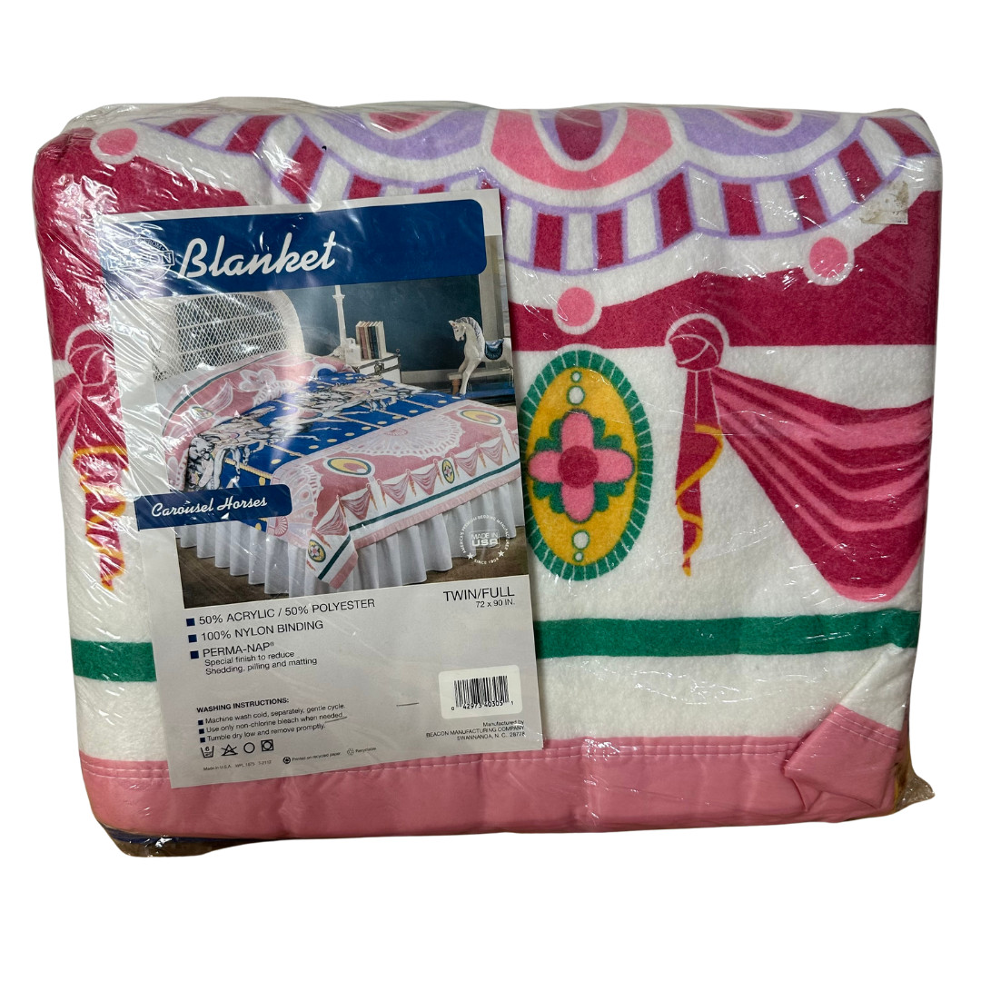Vintage Beacon Blanket Carousel Horses Twin/Full 72x90 USA Acrylic Polyester New gallery