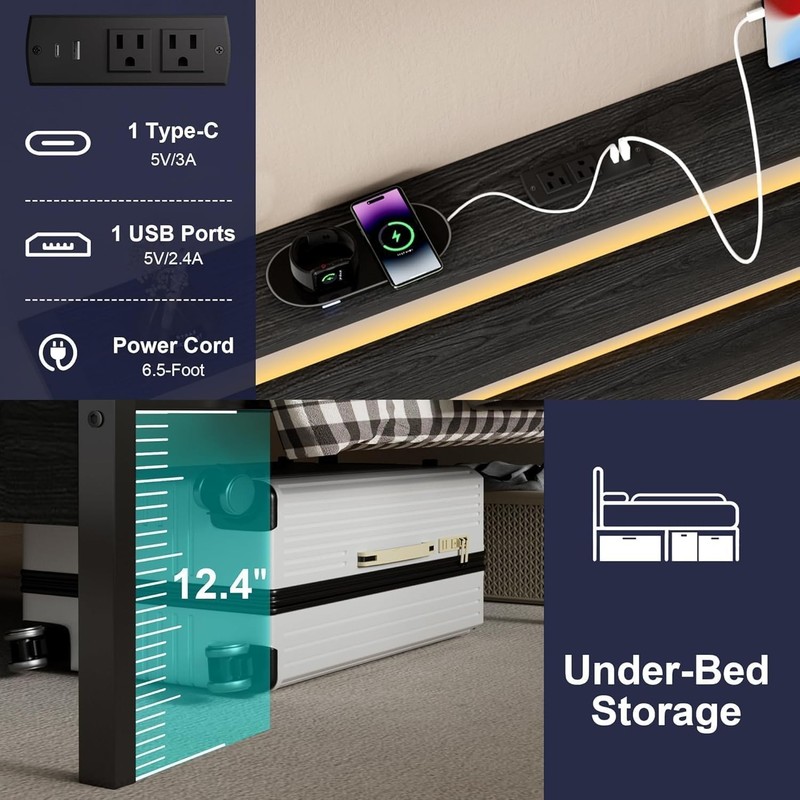 Bed Frame with Headboard, Platform Bed with LED & Charging Station, Heavy Duty gallery