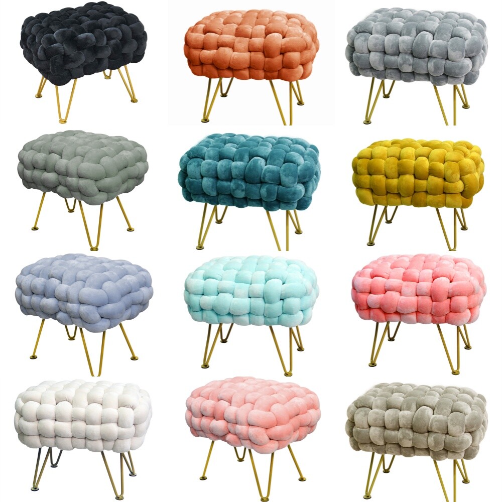 Handwoven Velvet Ottoman Footstool Modern Pouf Seat with Metal Legs Soft Plush gallery