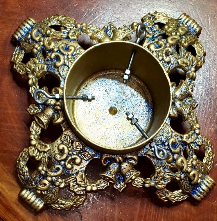 Vtg Heavy 19lb Cast Iron Christmas Tree Stand 19½" Gold w/ Blue Sparkle Ornate gallery