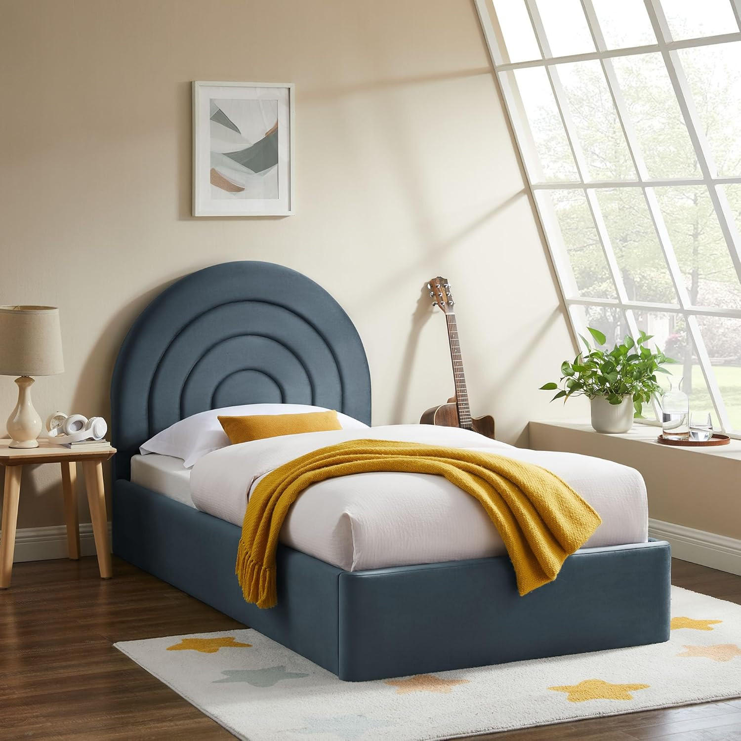 Solana Twin Size Performance Velvet Platform Bed in Cadet Blue – Upholstered Bed gallery