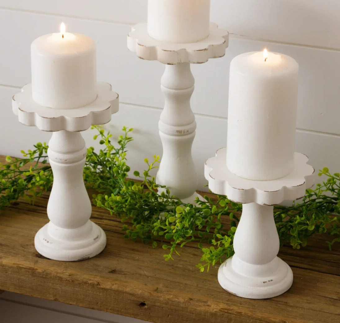 NEW Cottage Chic PILLAR CANDLE HOLDERS FLORAL SHAPED Aged Creamy White 3pc gallery