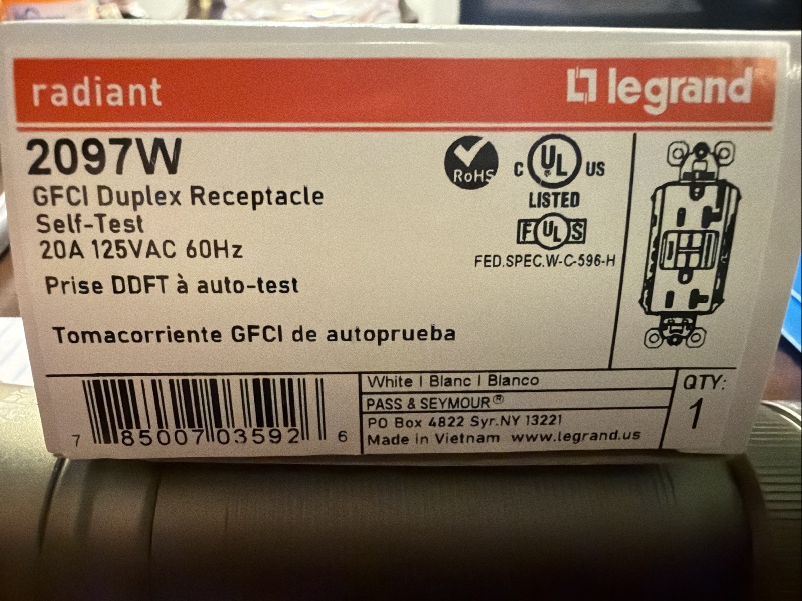 Legrand 2097W GFCI Duplex Receptacle, Self-Test, 20A, 125V AC, 60Hz, White gallery