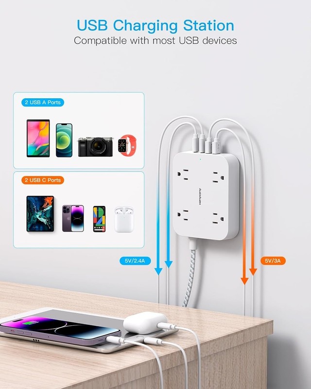 Flat Plug Extension Cord, 5Ft Power Strip with USB Ports(2 USB C), Widely Out gallery