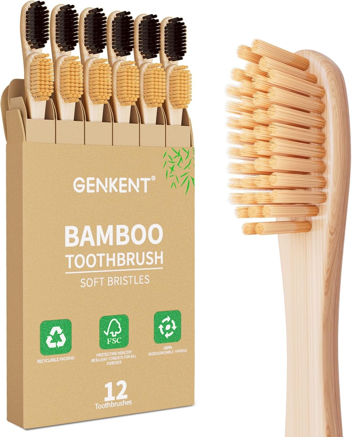 GENKENT 12 Counts Bamboo Toothbrushes BPA Free Soft Bristles Travel Toothbrush N gallery