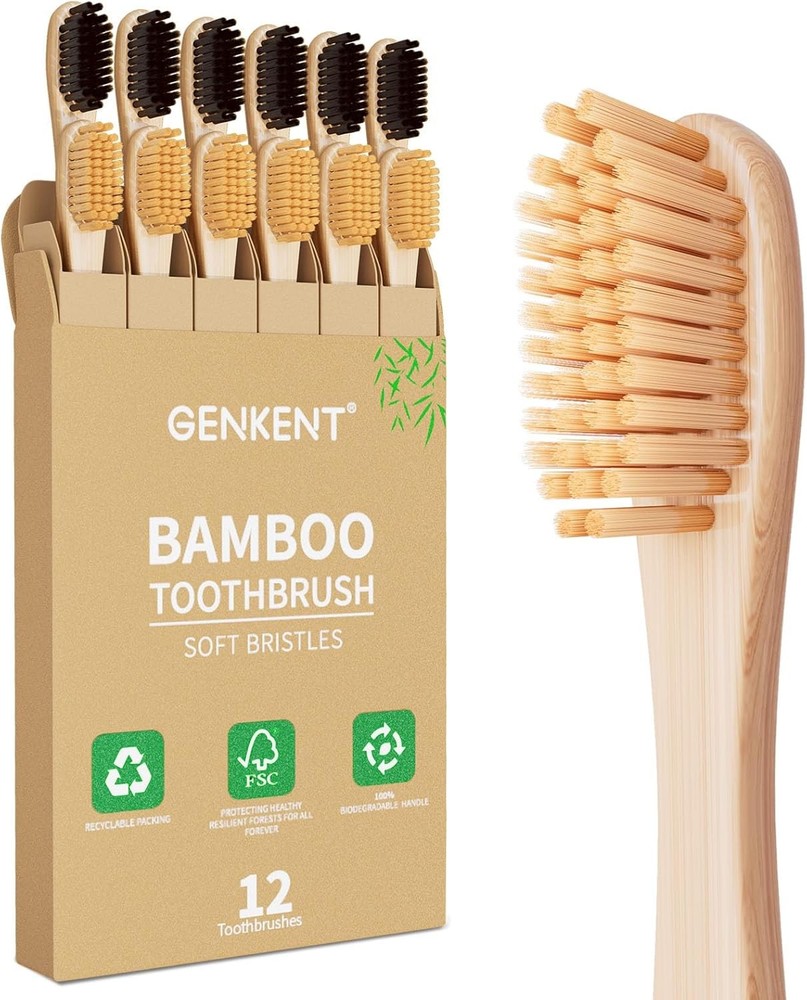 GENKENT 12 Counts Bamboo Toothbrushes BPA Free Soft Bristles Travel Toothbrush N