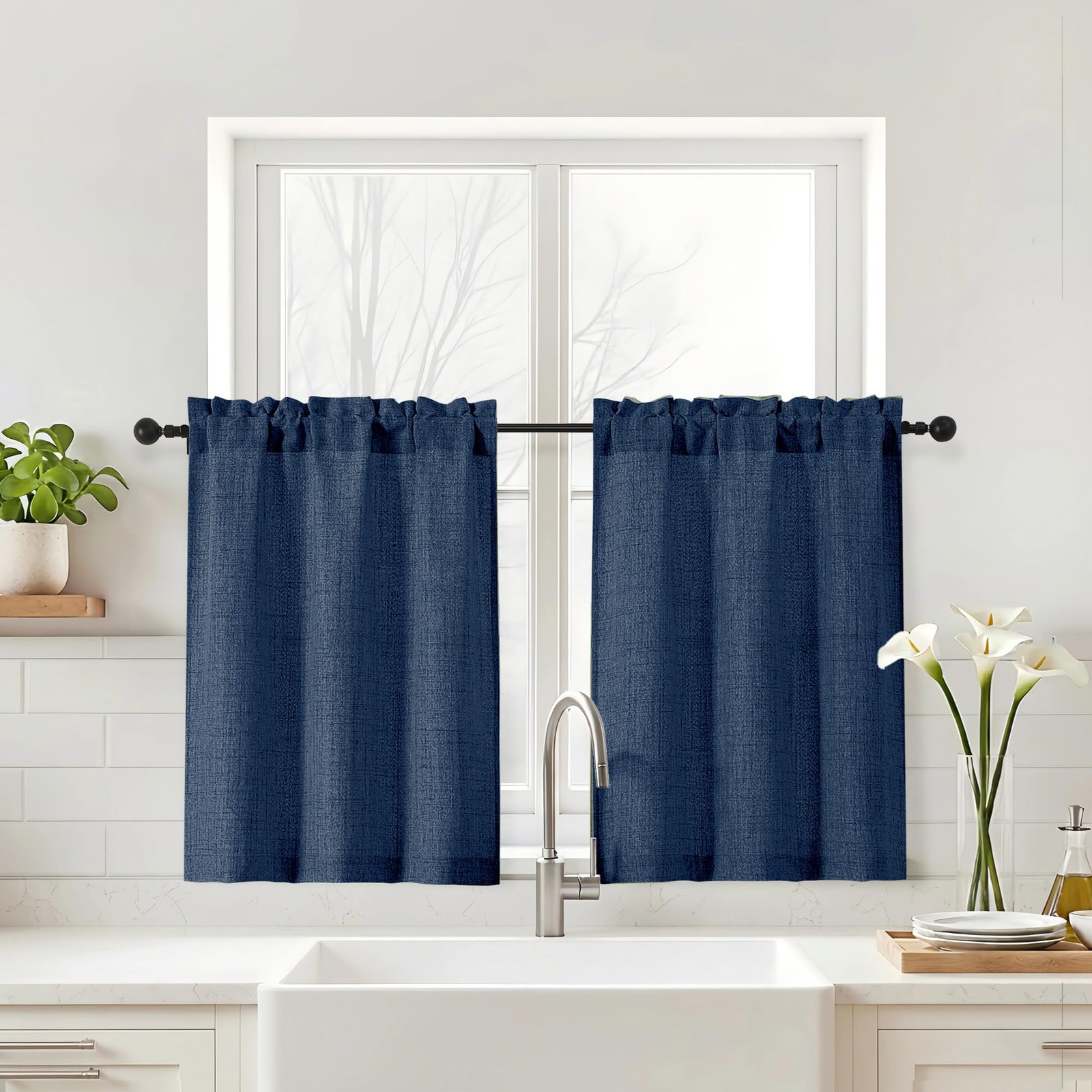 Navy Blue Kitchen Curtains 30 Inch Length - Faux Linen Light Filtering Cafe C... gallery