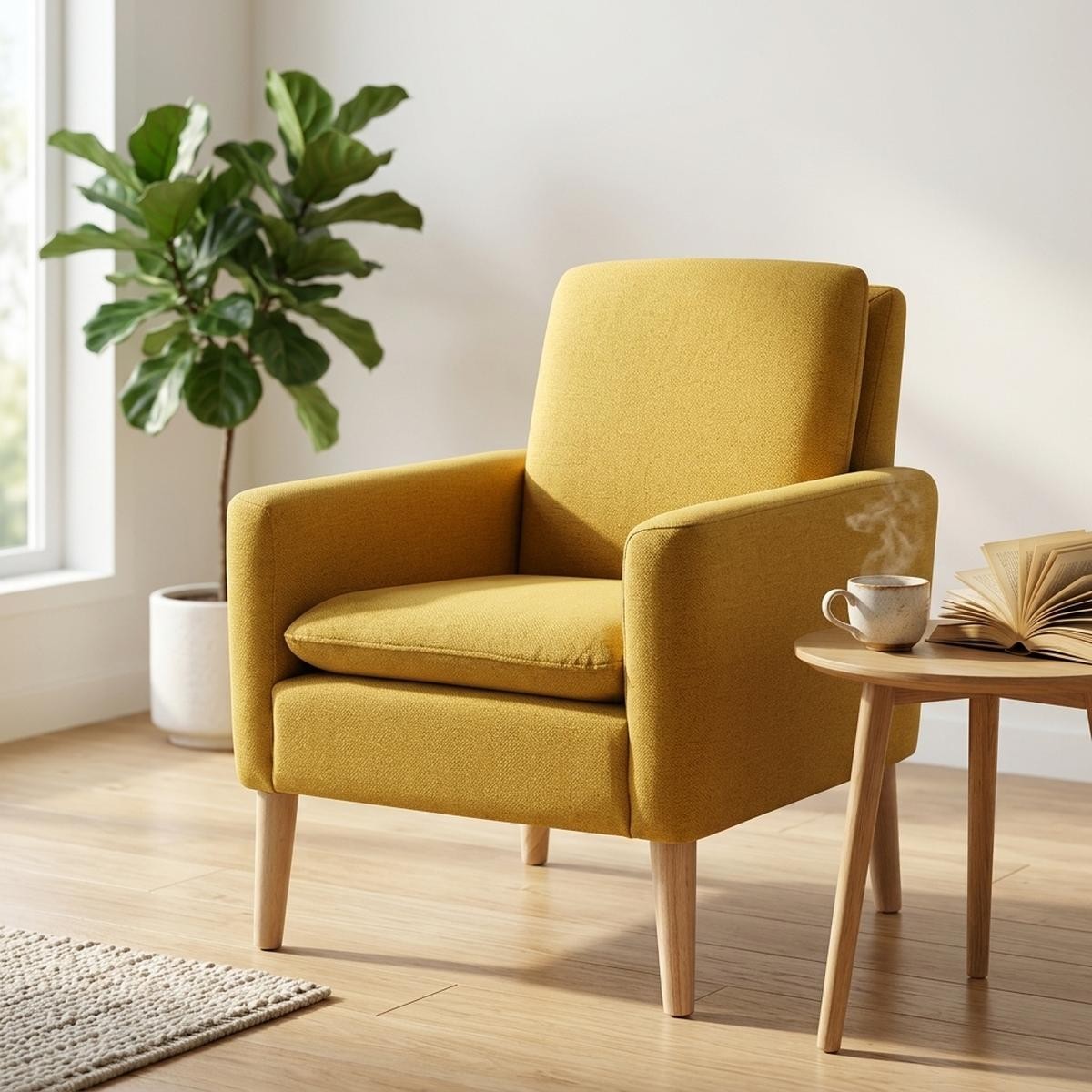 Mid-Century Modern Linen Upholstered Accent Chair - Cozy for Reading & Relaxing gallery