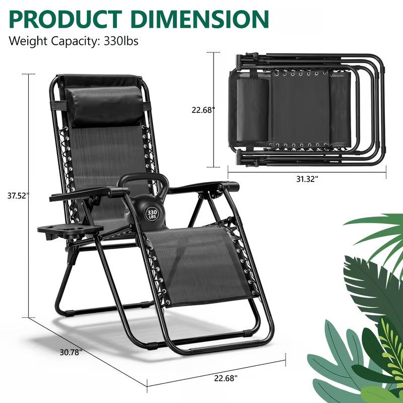 2PCS Zero Gravity Recliner Chair Foldable Outdoor Patio Lounge with Cupholder gallery