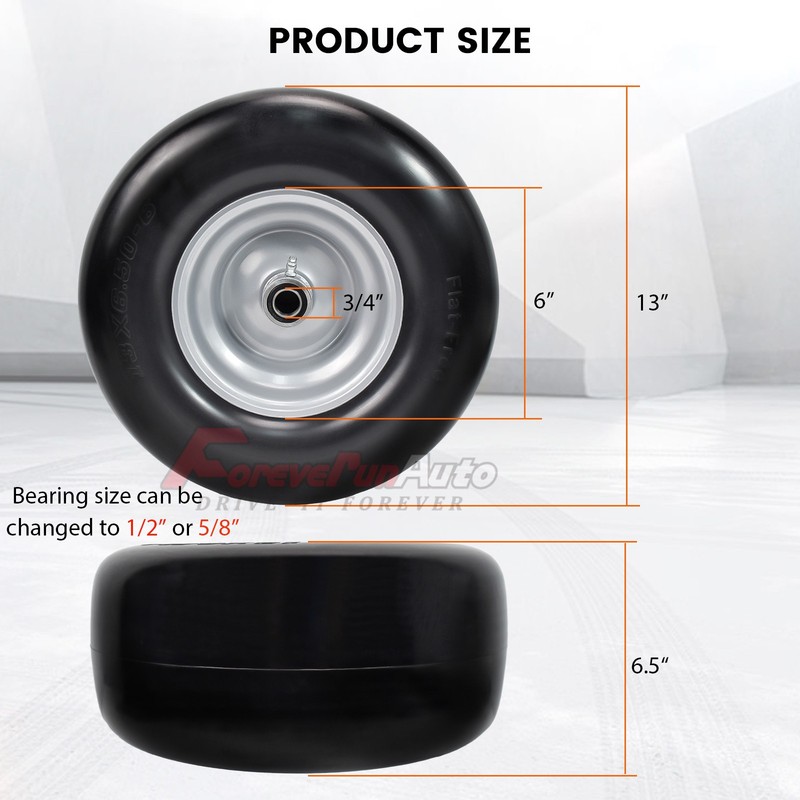 2pcs 13x6.5-6 Flat Free Wheel Tire Solid Smooth Lawn Mower,3/4" or 5/8" Bearing gallery
