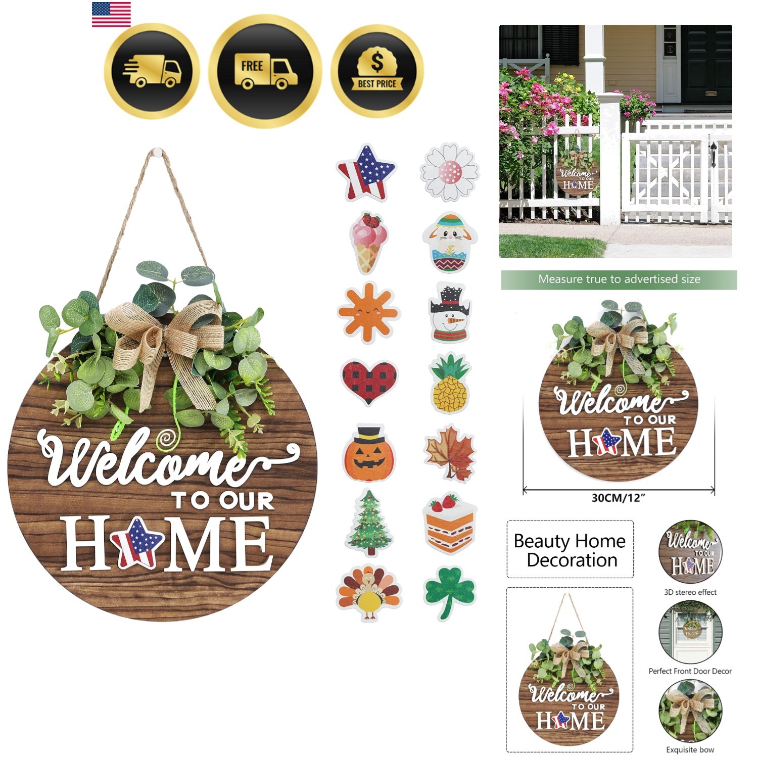 Rustic Wooden Welcome Sign Front Door Decor Wreath Indoor Outdoor All Seasons gallery