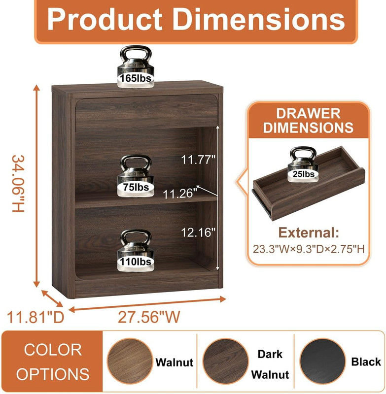 Rustic 3-Tier Bookshelf with Drawer - Modern Wood Storage Unit, Dark Walnut gallery