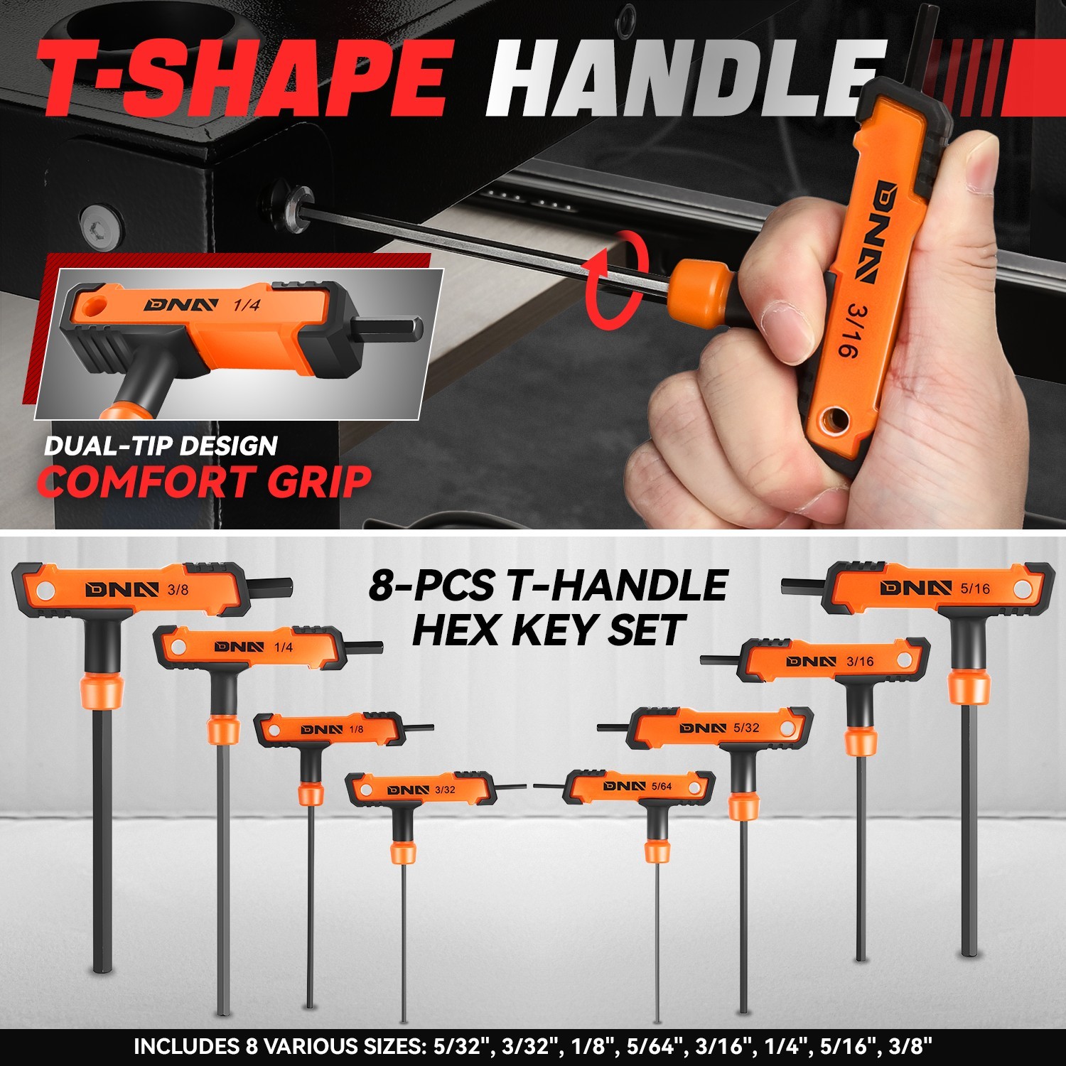 [OPEN BOX]8Pcs 5/32"-3/8" Automobile Repair Orange CR-V T-Handle Hex Key Set gallery
