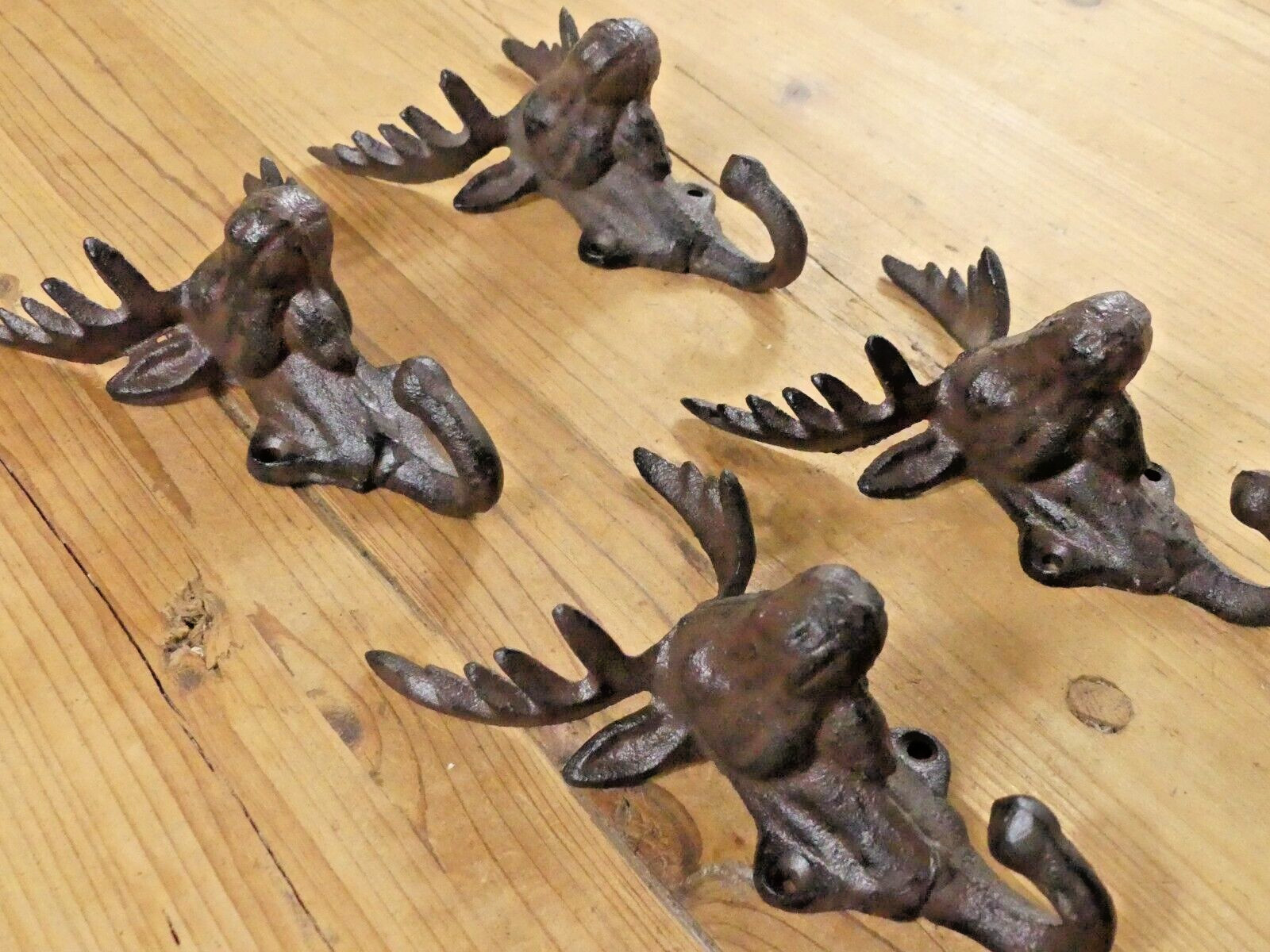 4 Rustic Elk Deer Moose Head Hooks Cast Iron Coat Hook Rack Restoration Hat gallery