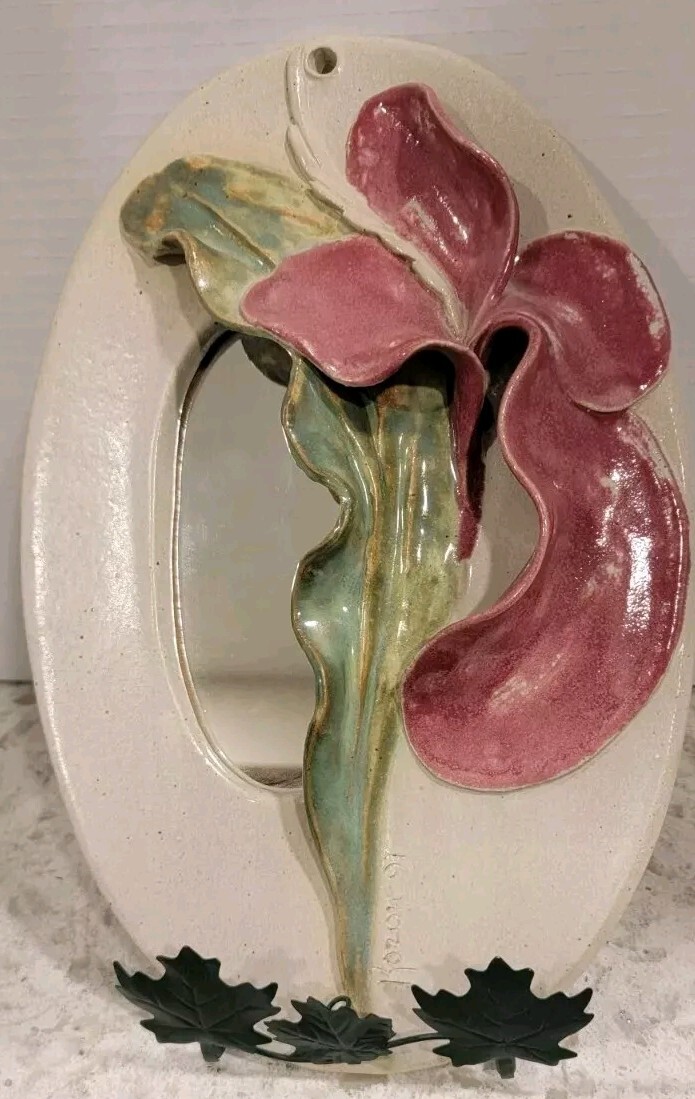 Pottery Mirror, Art Calla Lilly Signed Kozon Studios Artist Show 91 Vtg 13 X 8.5 gallery