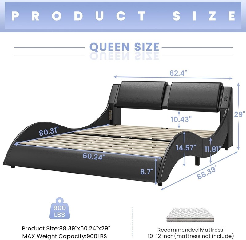 Queen Bed Frame with Led Lights,Charging Ports,Faux Leather Upholstered Beds gallery