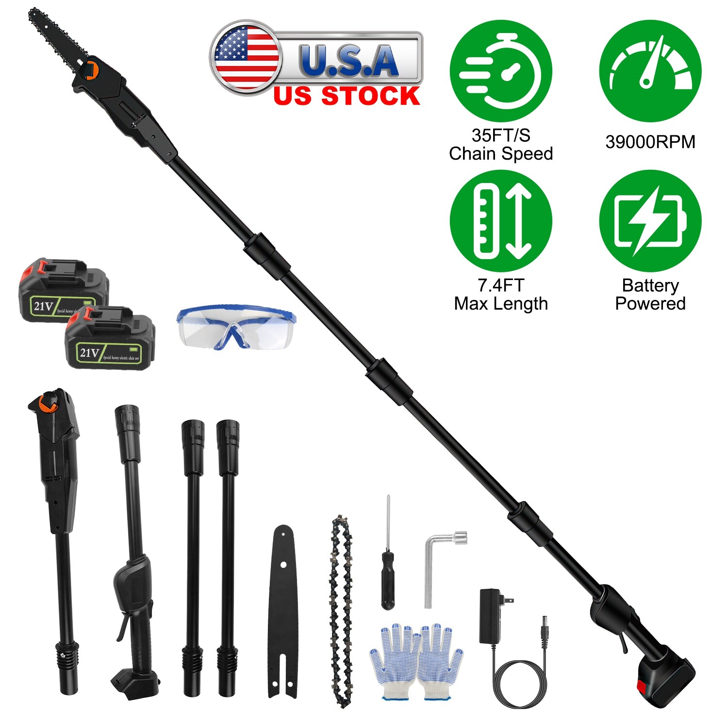 Cordless Pole Saw Chainsaw with Extension Rods 2Pcs 21V Rechargeable Batteries gallery