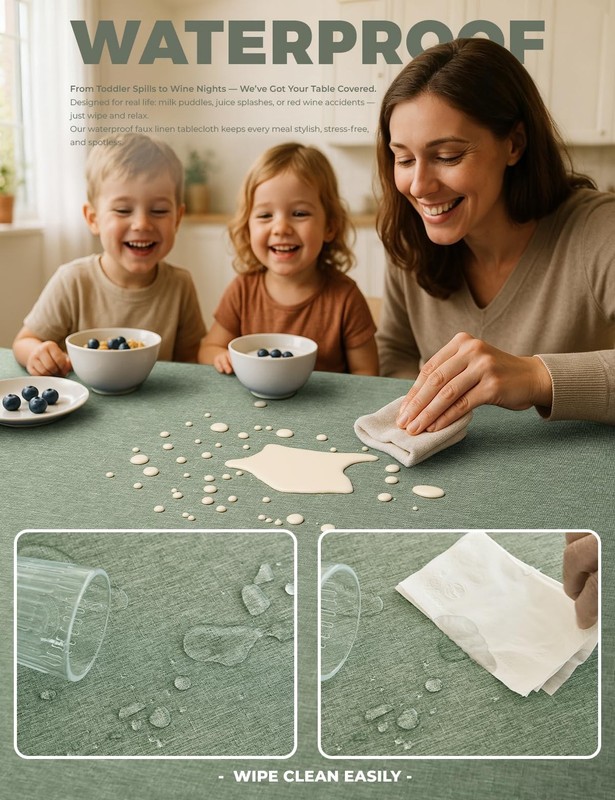 Waterproof Rectangular Tablecloth - Faux Linen, Washable, Farmhouse Style, 52x70 gallery