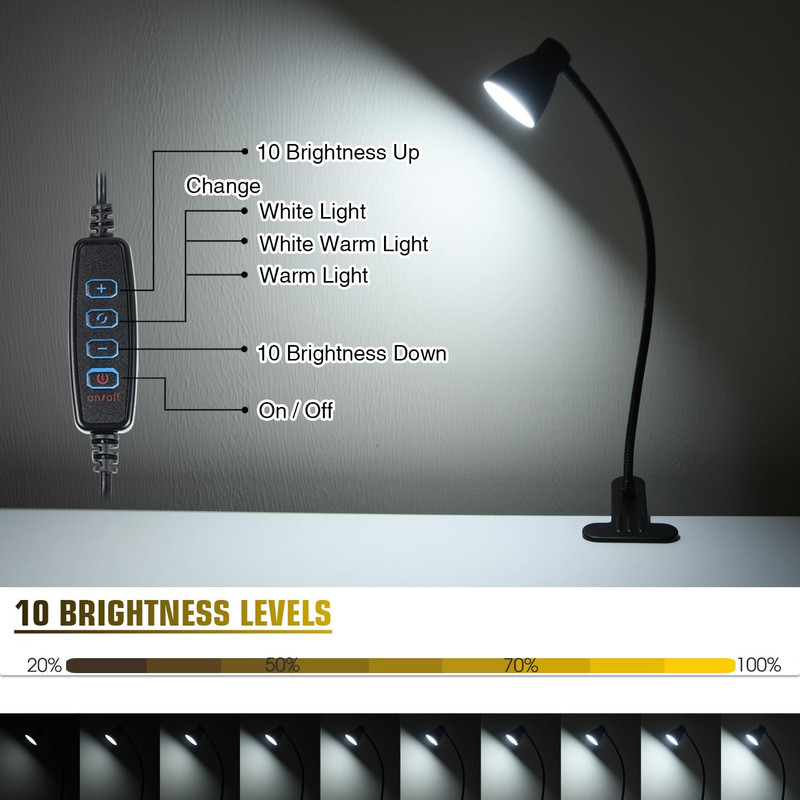 CRI 90+ Clip on Reading Light, Small Clamp on Desk Lamp, 3000K-6500K Adjustable gallery