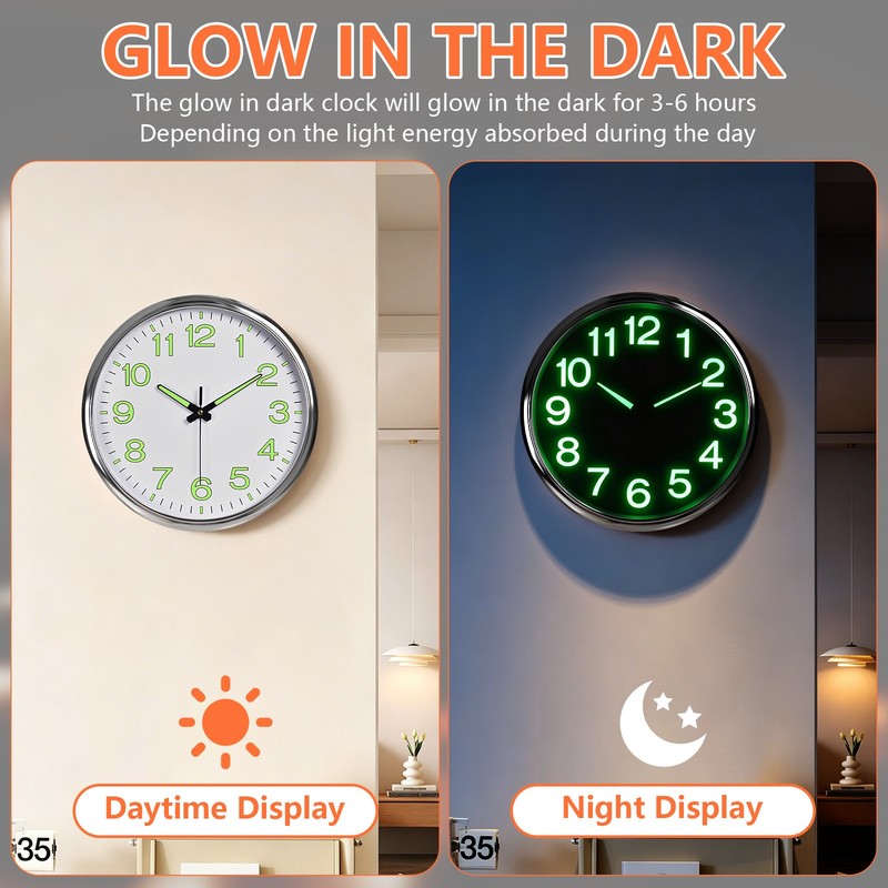 12'' Luminous Quartz Night Wall Clock Large Light Glow In The Dark Silent Home gallery