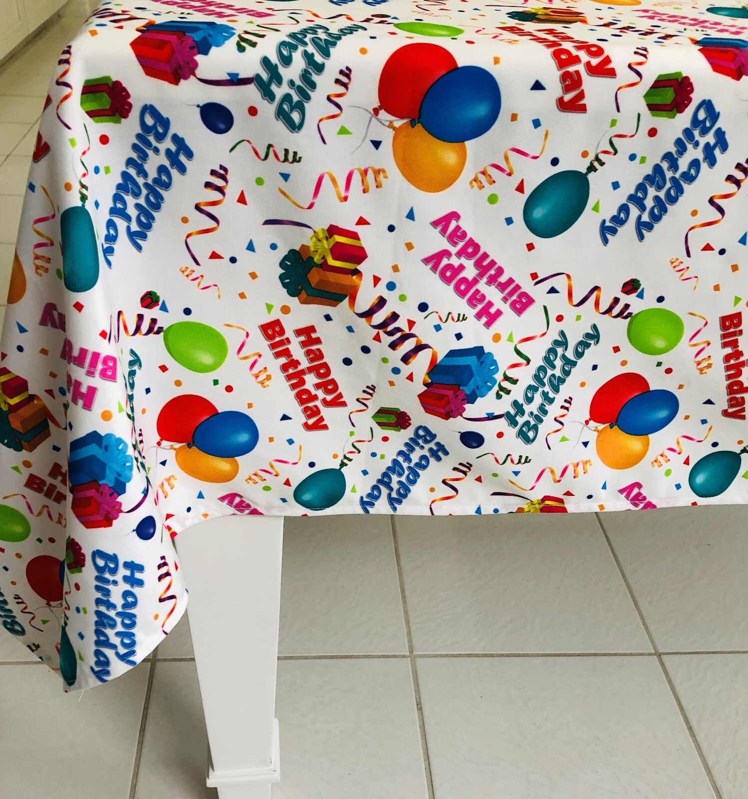 Happy Birthday Tablecloth White Restaurant Quality Polyester Fabric Machine Wash gallery